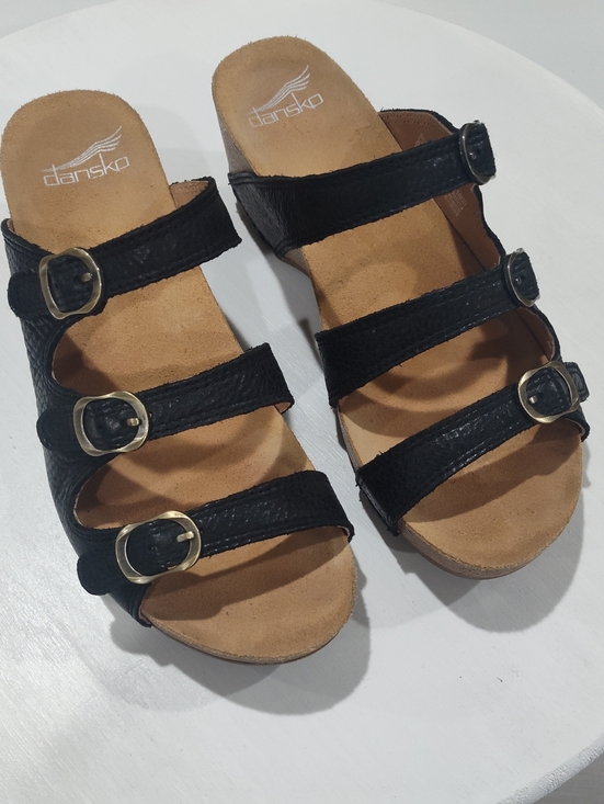 Dansko Shoes - Dansko Tarin Black Leather Triple-Buckle Slide Wedge Sandals Size 38